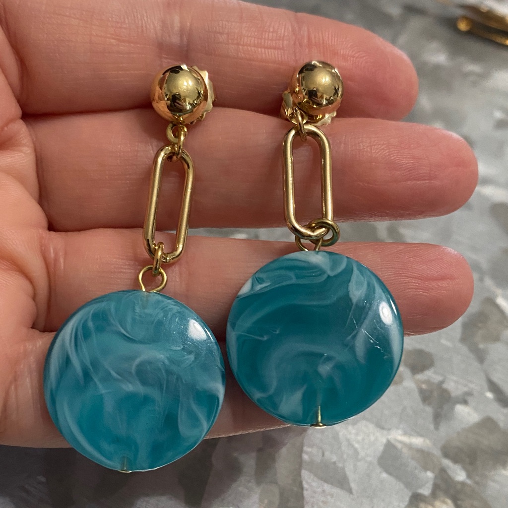 Teal Swirl Gold Drop Earrings 35$